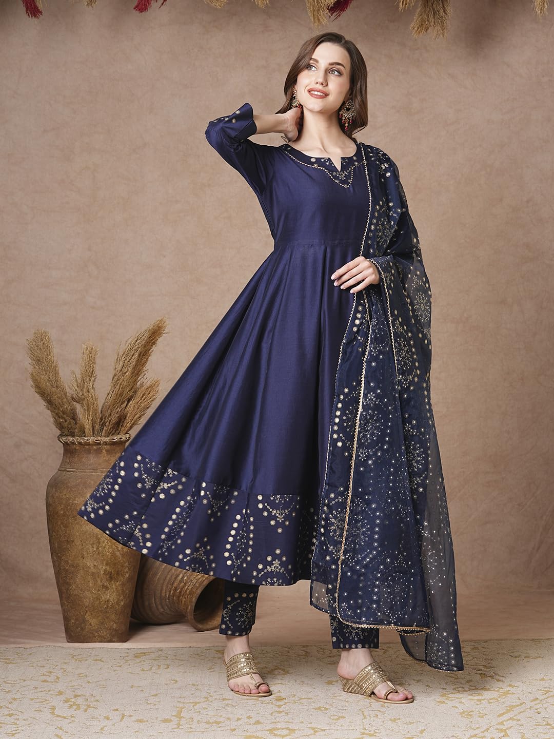 ANNI DESIGNER Womens Rayon Blend Printed Anarkali Kurta with Pant & Dupatta (Varuna Navy_S_Navy Blue_Small)