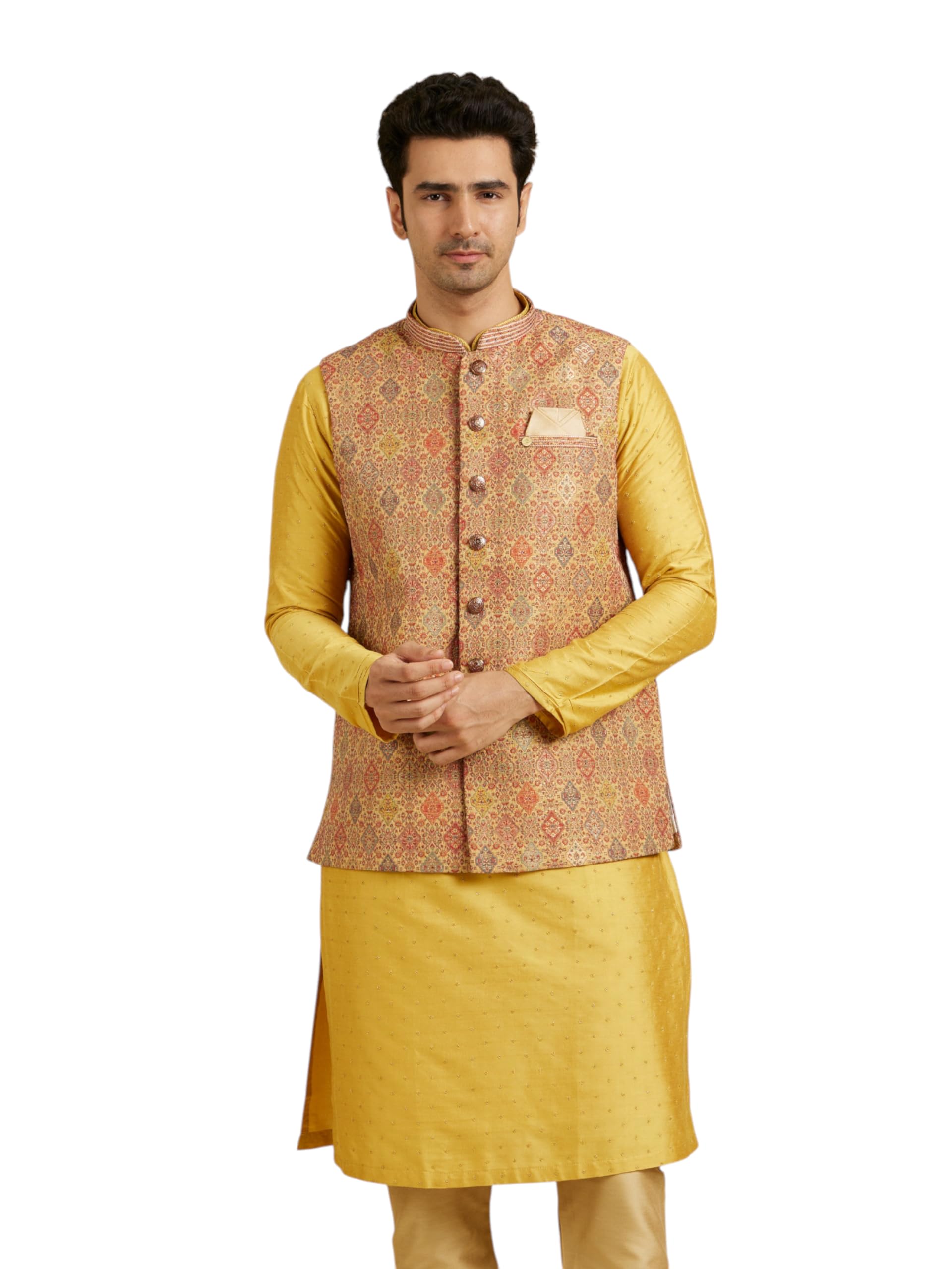 Manyavar MenS Brocade Printed Jacquard Weave Nehru Jacket (Fawn,Xl)