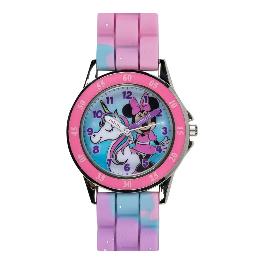 Disney Minnie Mouse Kids Time Teacher Watch with Hour & Minute Hands, Easy-to-Read Dial, and Glitter Silicone Strap - Pink & Blu