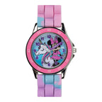 Disney Minnie Mouse Kids Time Teacher Watch with Hour & Minute Hands, Easy-to-Read Dial, and Glitter Silicone Strap - Pink & Blu