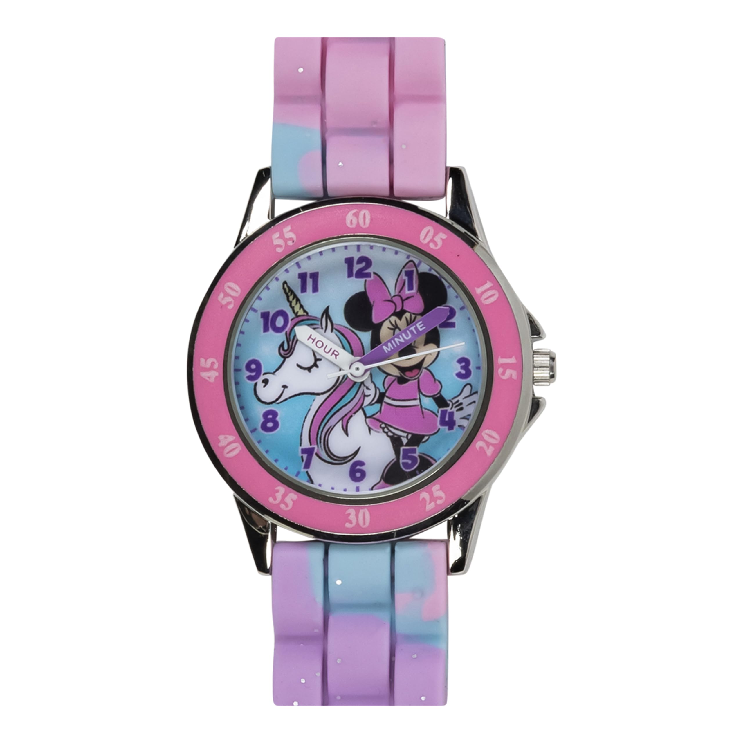 Disney Minnie Mouse Kids Time Teacher Watch with Hour & Minute Hands, Easy-to-Read Dial, and Glitter Silicone Strap - Pink & Blu