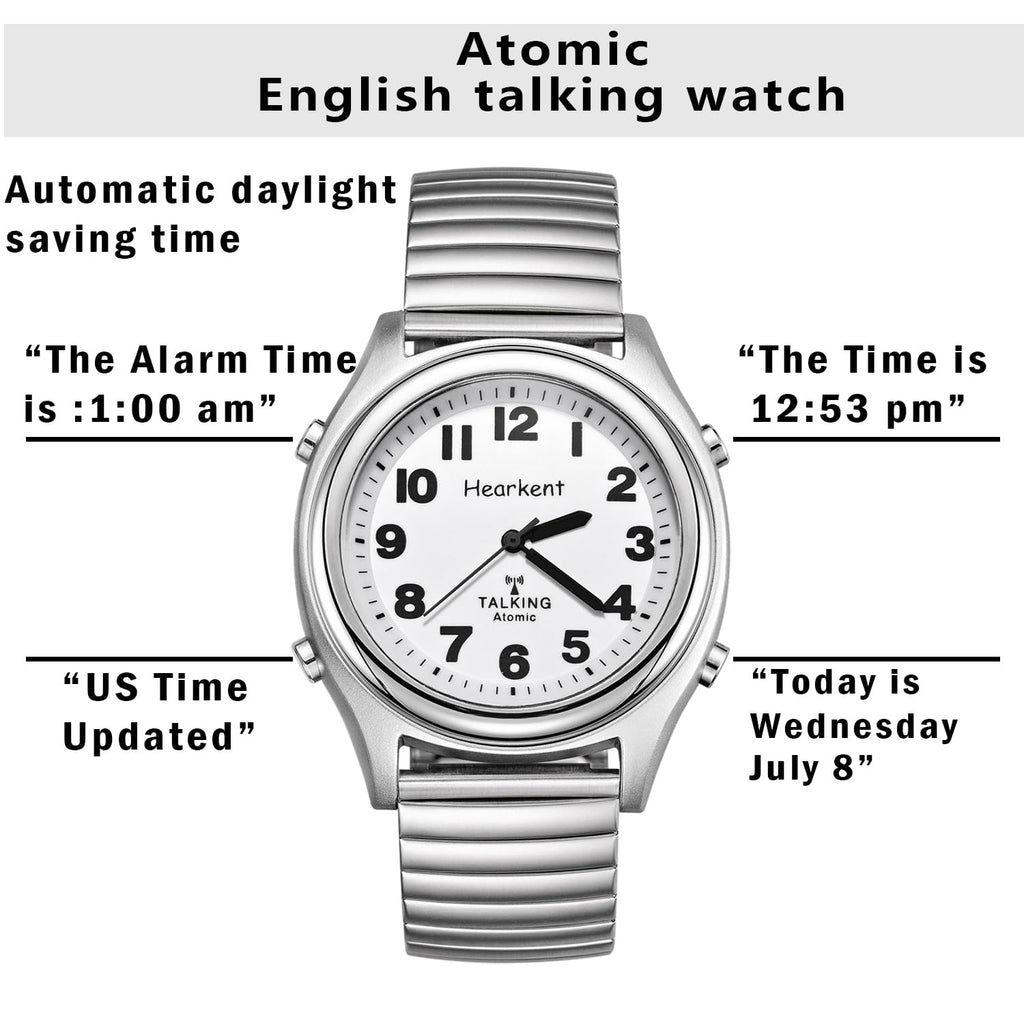 Hearkent Atomic Talking Watch for Blind and Visually impaired Stainless Steel Strech Band Best Gift for Elderly or Blind People