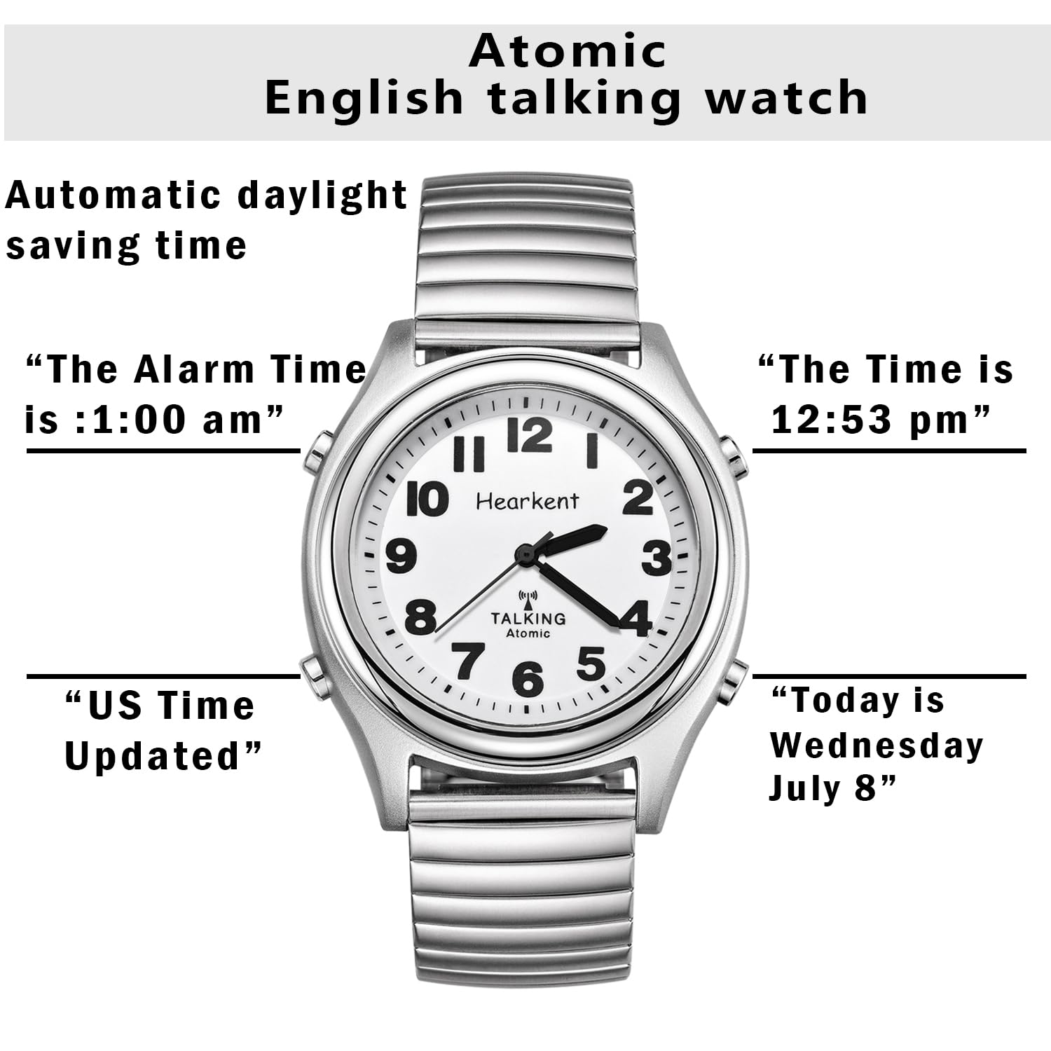 Hearkent Atomic Talking Watch for Blind and Visually impaired Stainless Steel Strech Band Best Gift for Elderly or Blind People