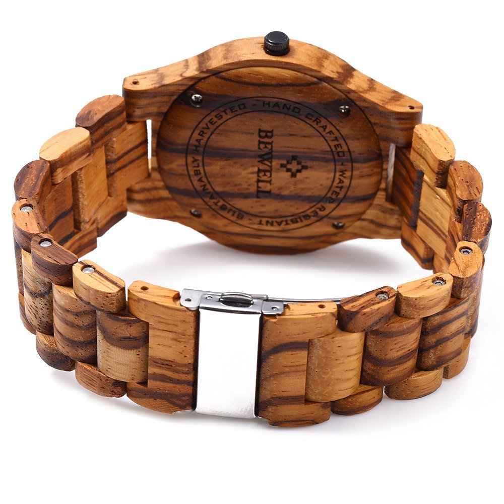 BEWELL ZS-W086B Mens Wooden Watch Analog Quartz Movement Date Display Lightweight Wood Wrist Watch (Zebra Wood)