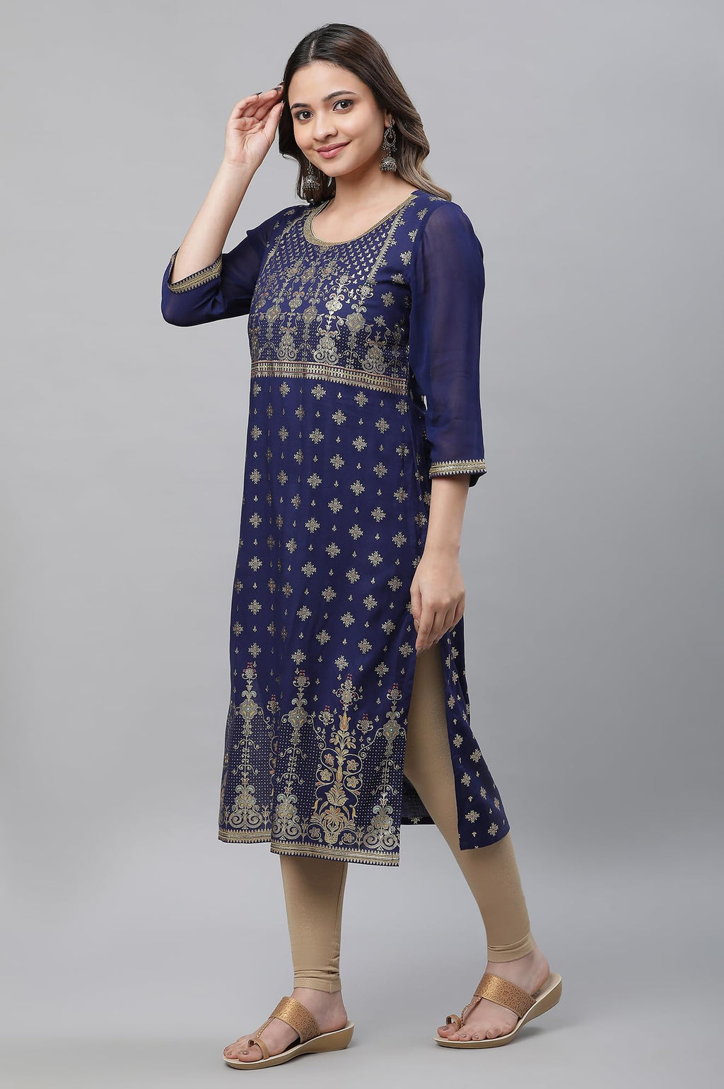 Aurelia Womens Blue Foil Lace Straight Long Kurta