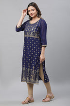 Aurelia Womens Blue Foil Lace Straight Long Kurta