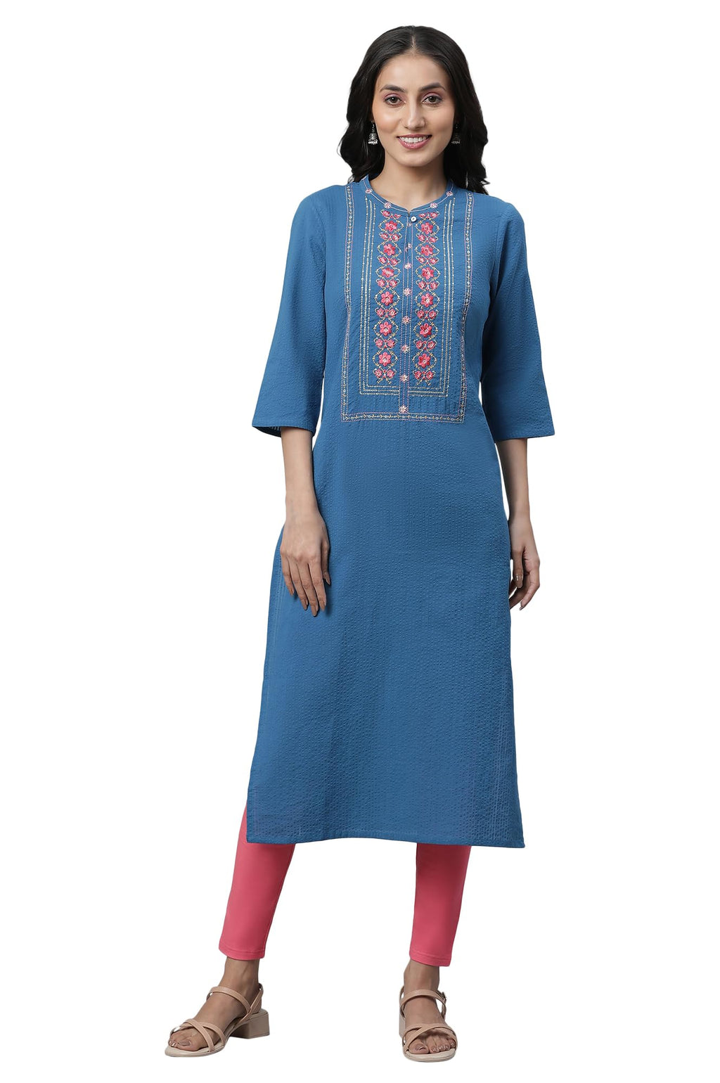 Aurelia WomenS Blue Floral Printed Printed Thread Work Cotton-Rayon Straight Long Kurta