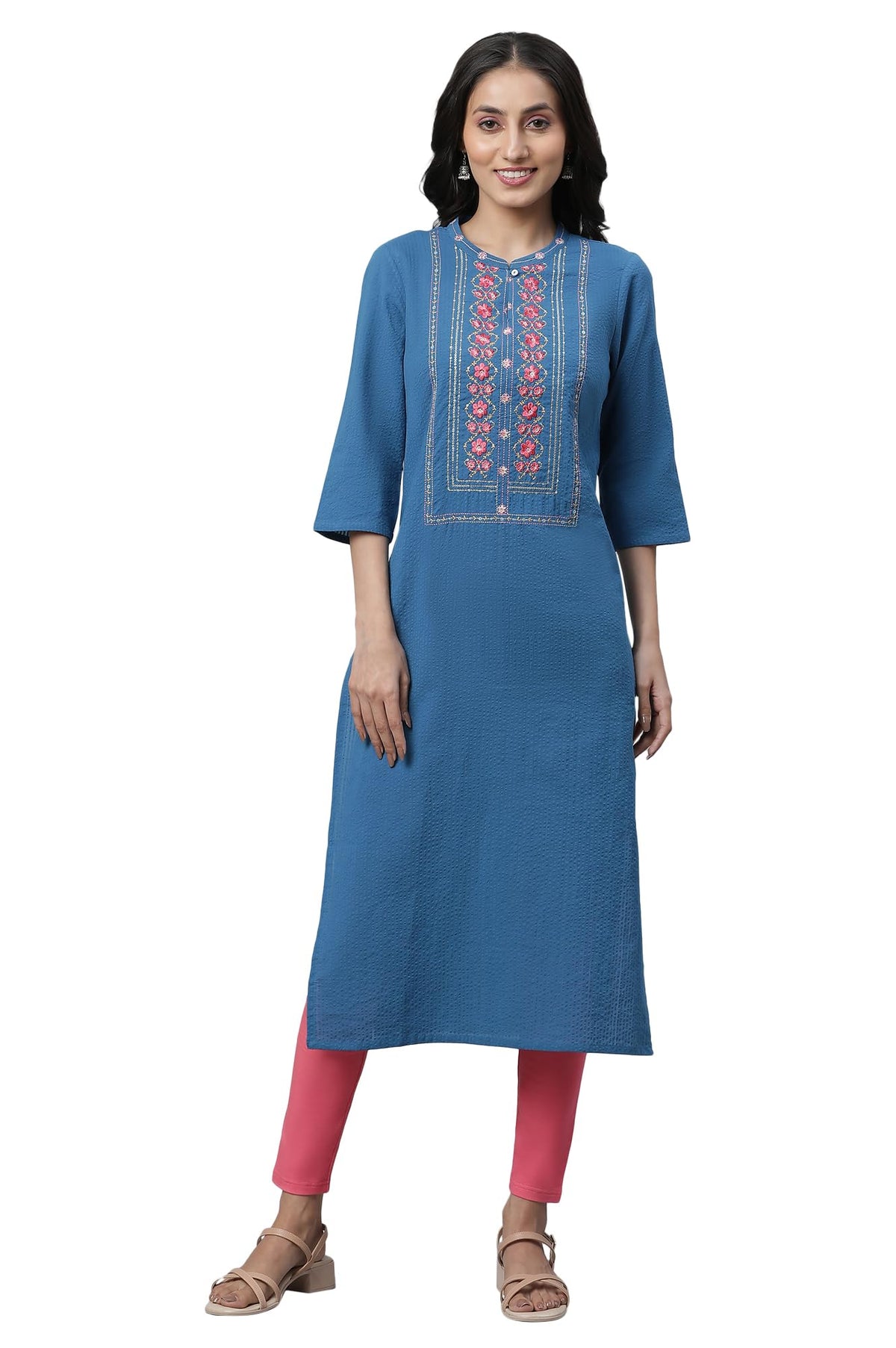 Aurelia Womens Blue Floral Printed Printed Thread Work Cotton-Rayon Straight Long Kurta