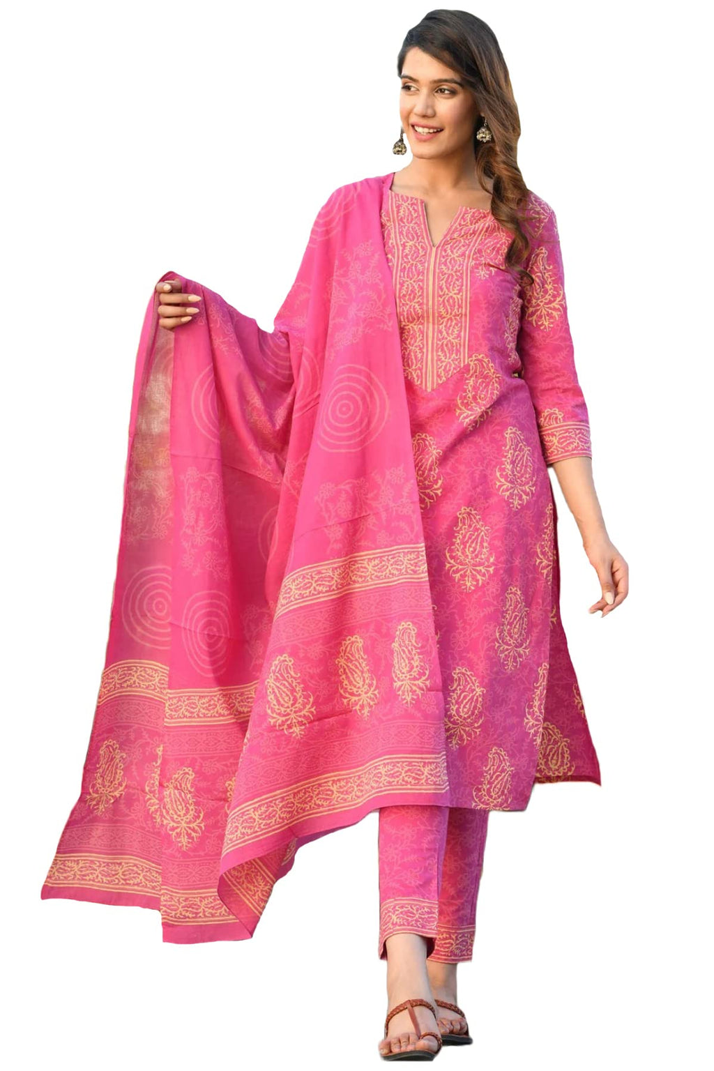 ANNI DESIGNER Women's Rayon Blend Straight Printed Kurta with Pant & Dupatta (Open-Pink_S_Pink_Small)