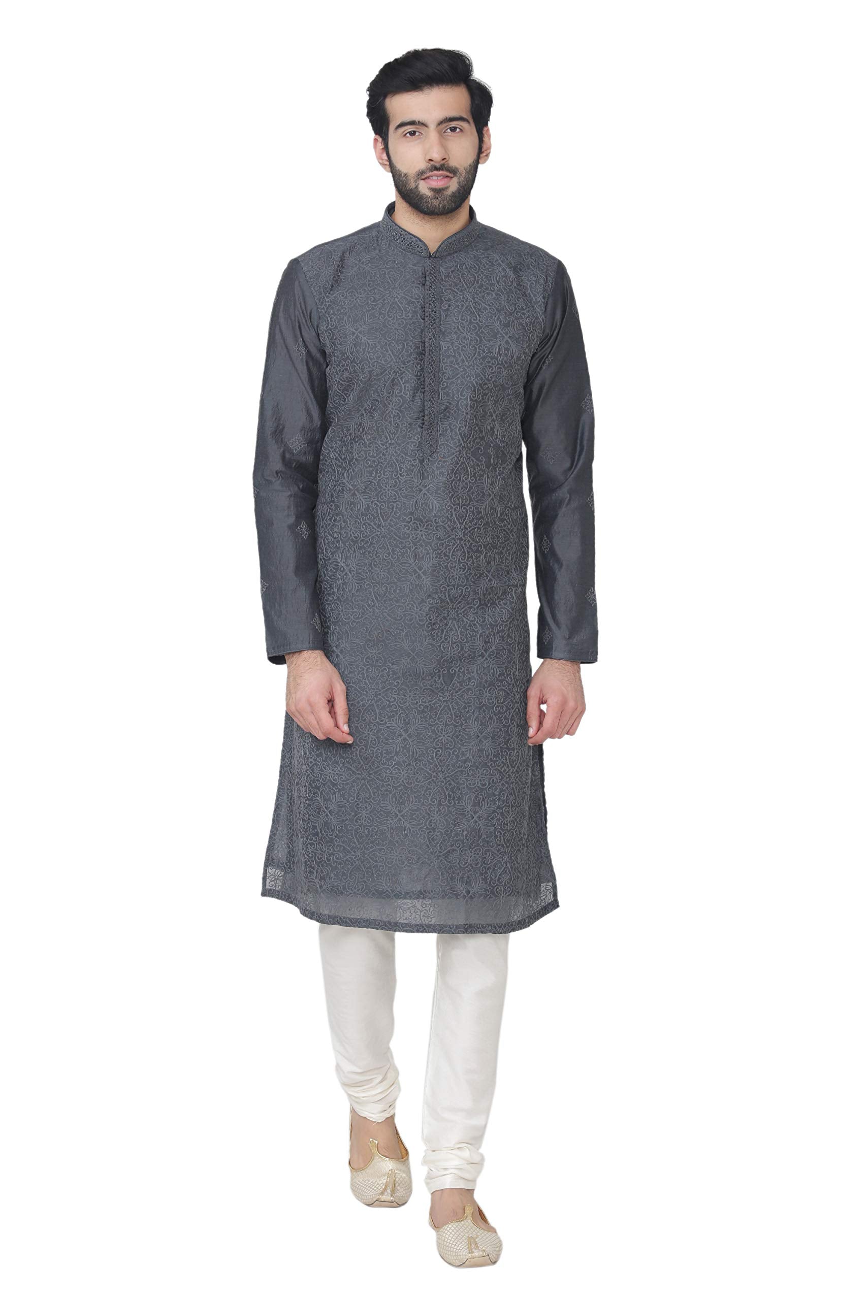 Manyavar Elegant Knee Long Kurta And Churidar Set For Men - Small, Grey, (Sosk418-314)