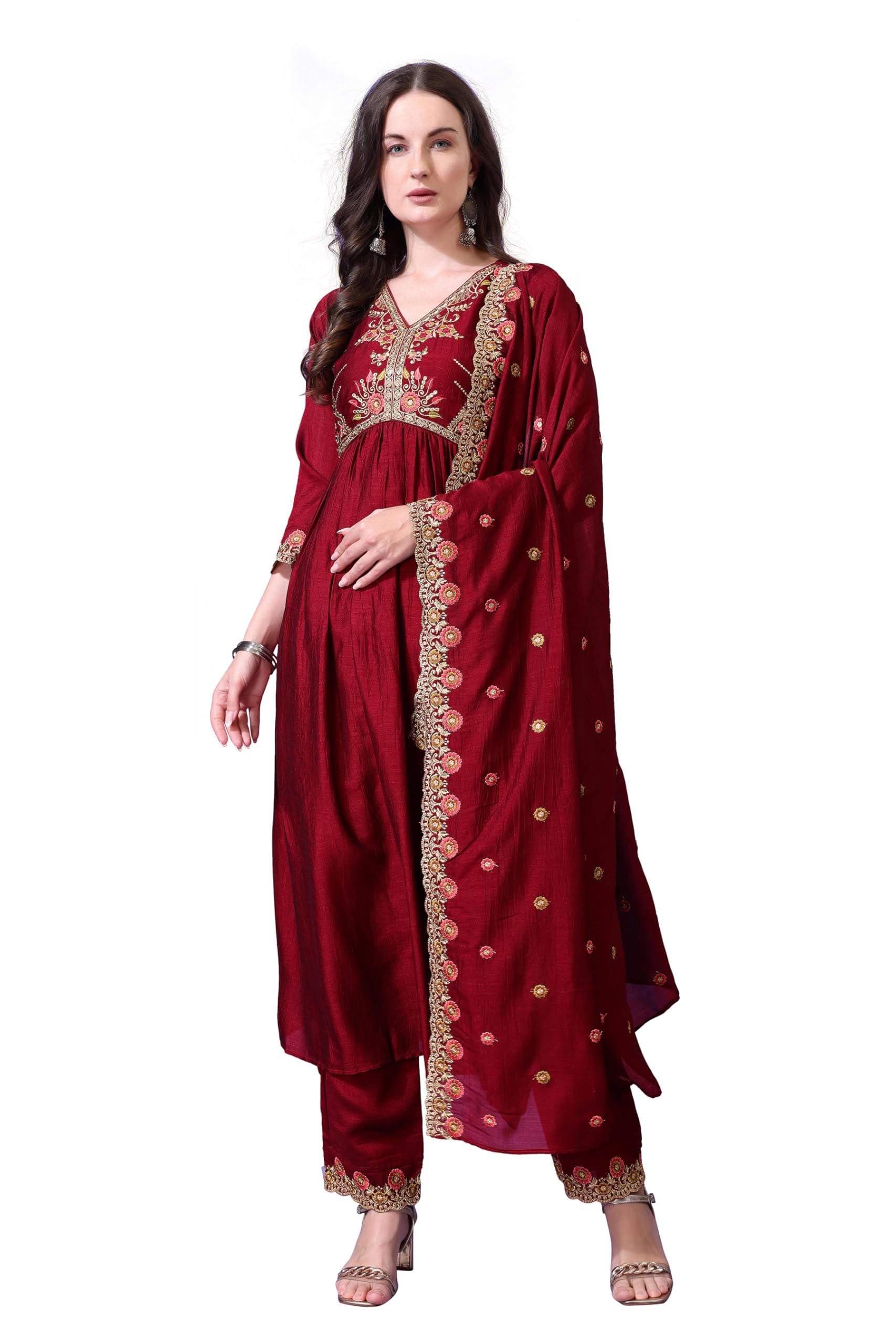 Pratham Blue WomenS Silk Embroidered Anarkali Kurta Palazzos With Dupatta |Kurta Set For Women |Women Kurta |Women Embroidered 