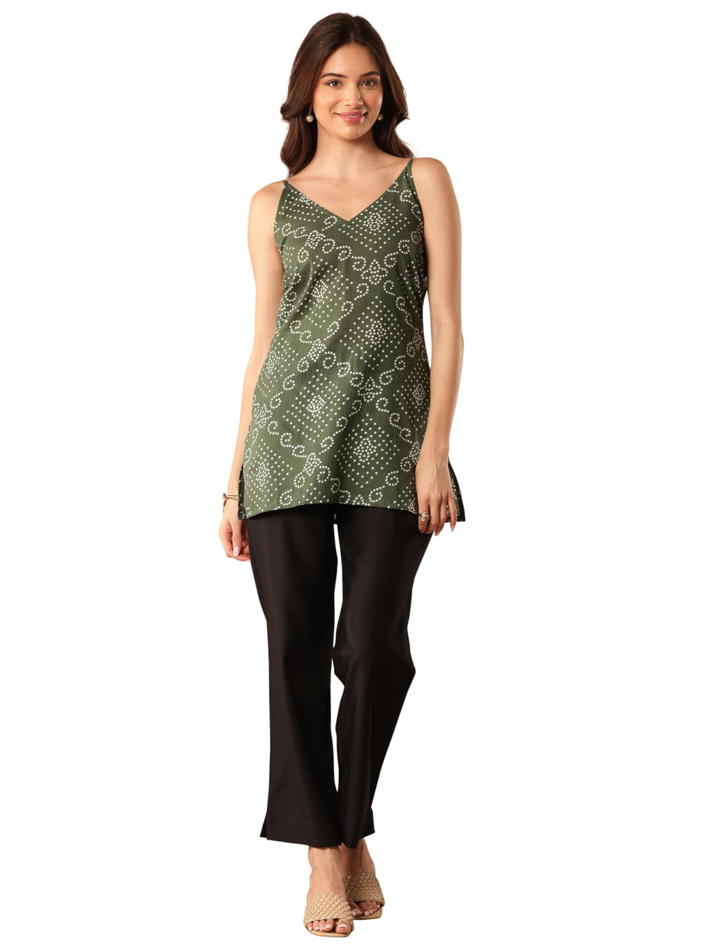 Gerua by Libas Printed Cotton Blend Straight Kurti Olive