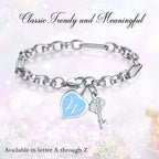 TONY & SANDY Initial Bracelet Engraved Initial Charm Bracelets for Girls Stainless Steel Silver Bracelet Handmade Link Chain Bir