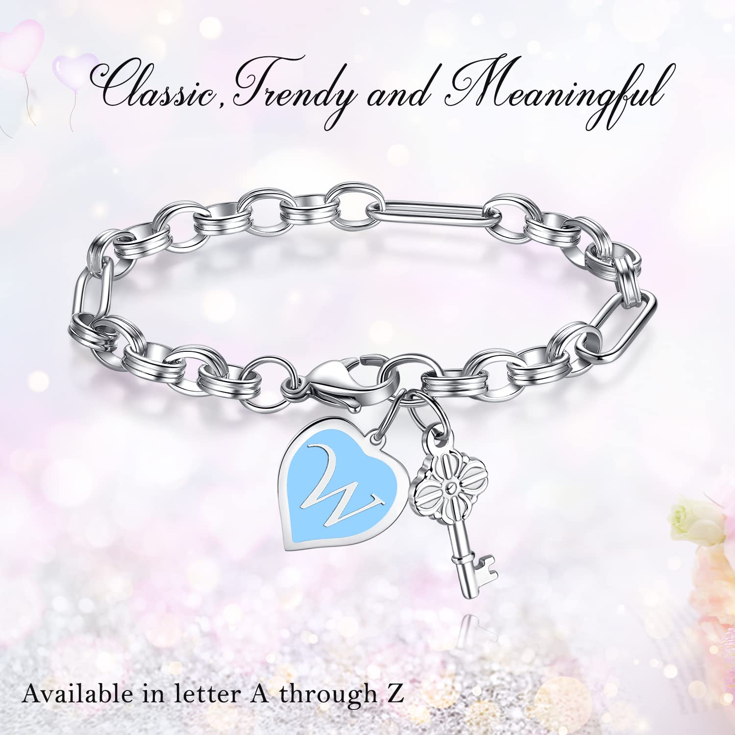 TONY & SANDY Initial Bracelet Engraved Initial Charm Bracelets for Girls Stainless Steel Silver Bracelet Handmade Link Chain Bir