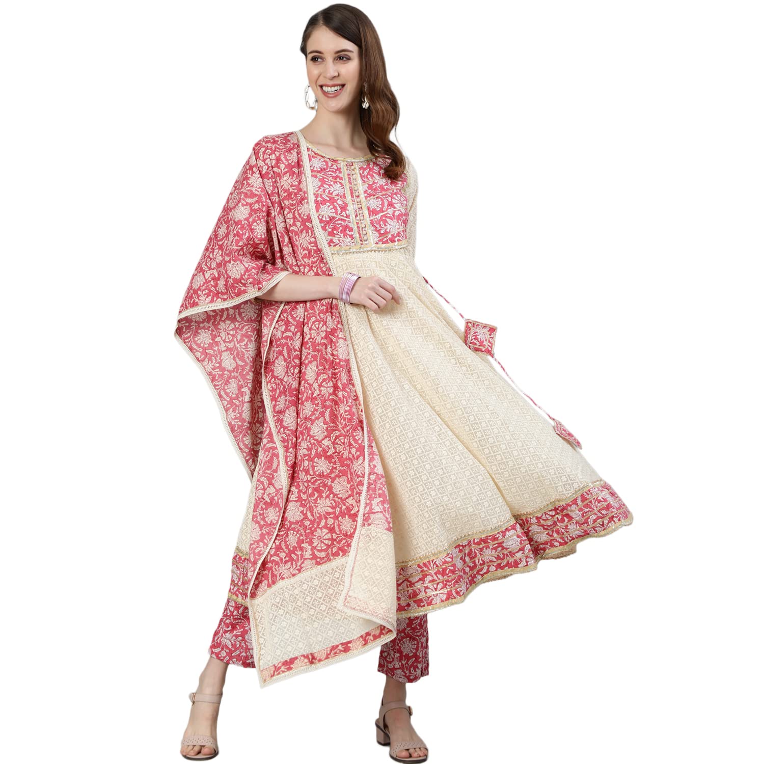 Ishin Women'S Offwhite Embroidered Chikankari Anarkali Kurta Set With Trouser And Dupatta