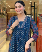 Klosia Women Rayon Printed Flared Anarkali Kurta And Pant With Dupatta Set