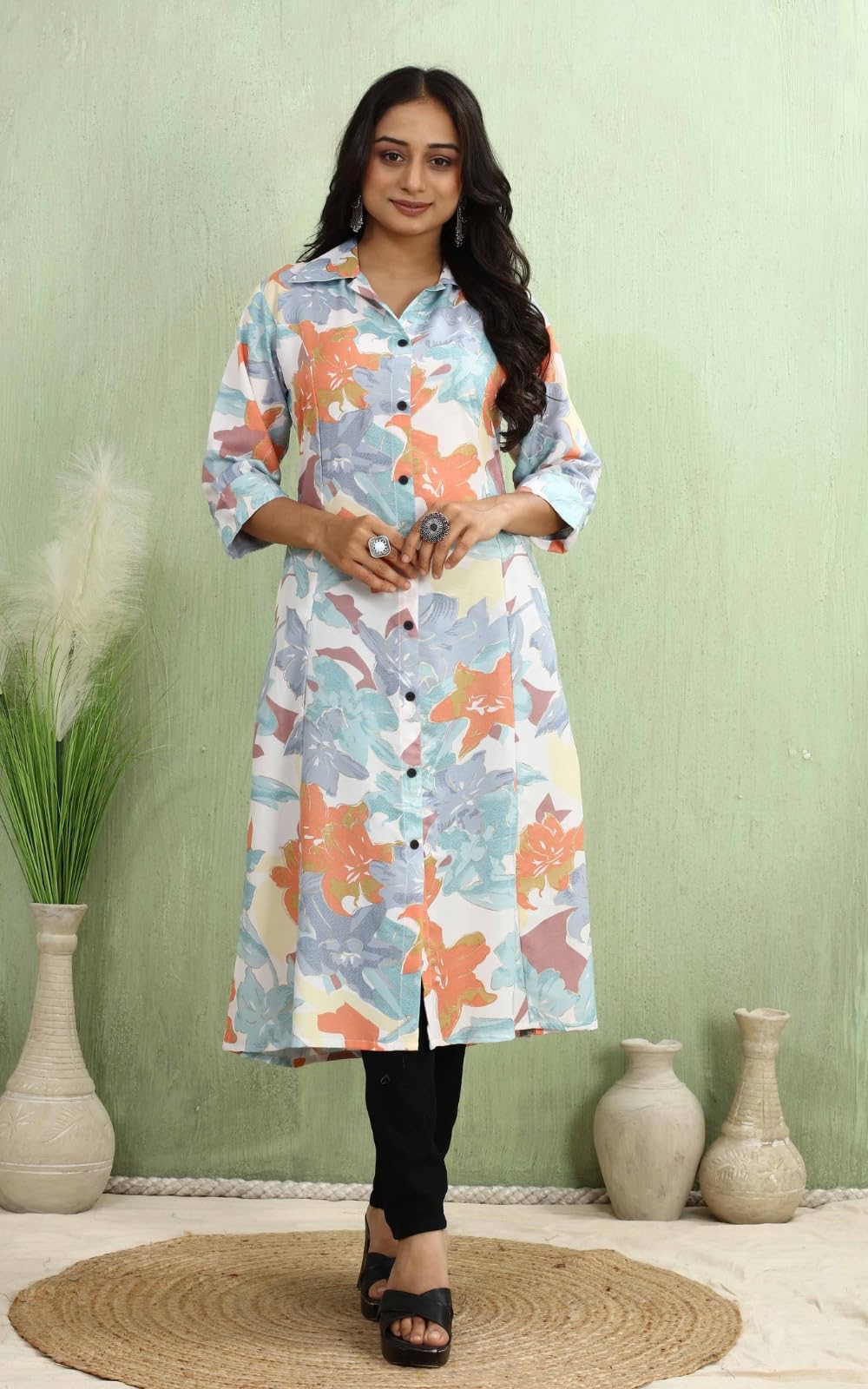 Kesudi A Line Dresses For Women Western Rayon Floral One Piece Dress For Women | Stylish Flared Roll Tab Sleeve | Knee Length Mi