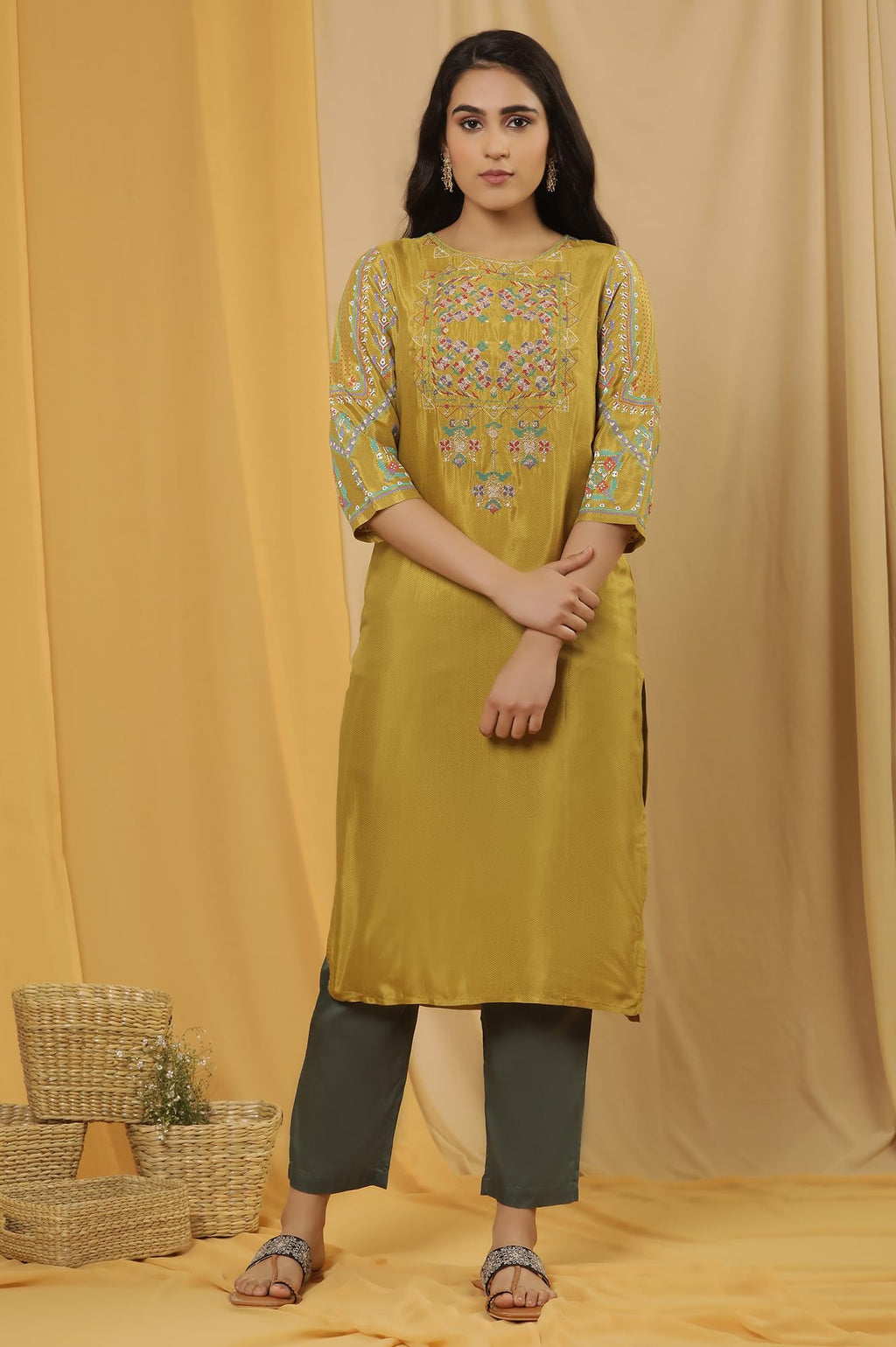W For Woman W Women Yellow Festive Solid Viscose Straight Kurta Set With Parallel Pant