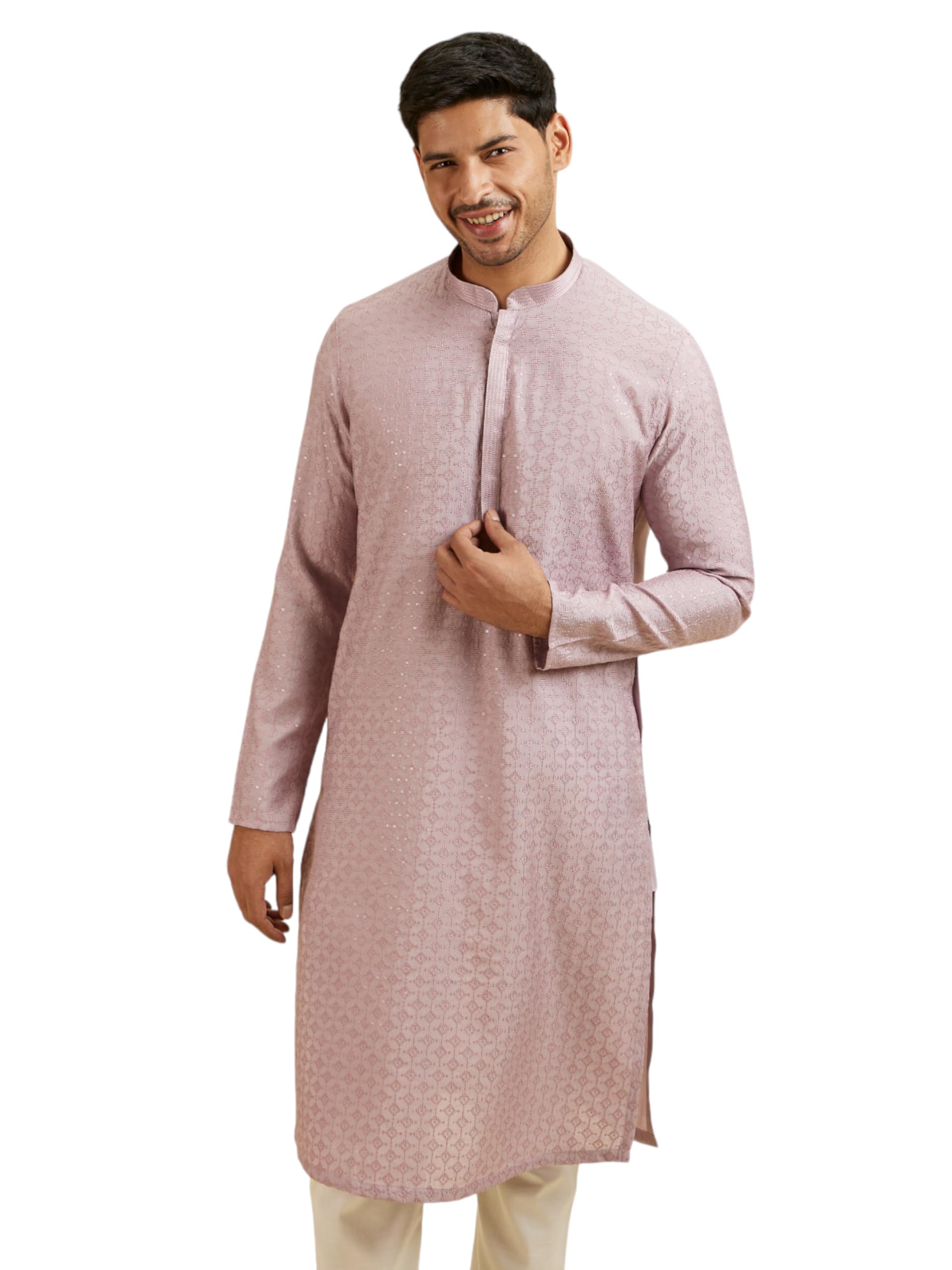 Manyavar Mens Viscose Blend Thread Work Kurta Pyjama Set (Purple,XXL)