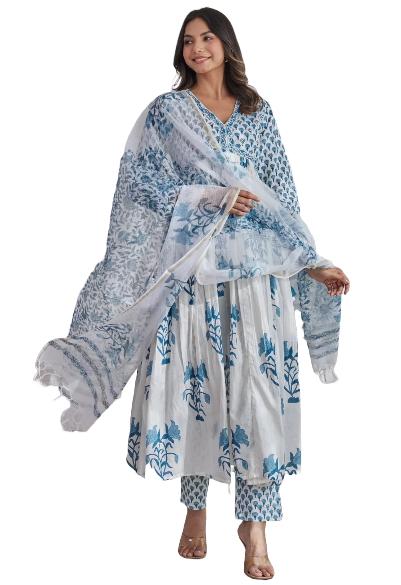 ANNI DESIGNER Womens Rayon Blend Printed Anarkali Kurta with Pant & Dupatta (Betul White_XXL_White_XX-Large)