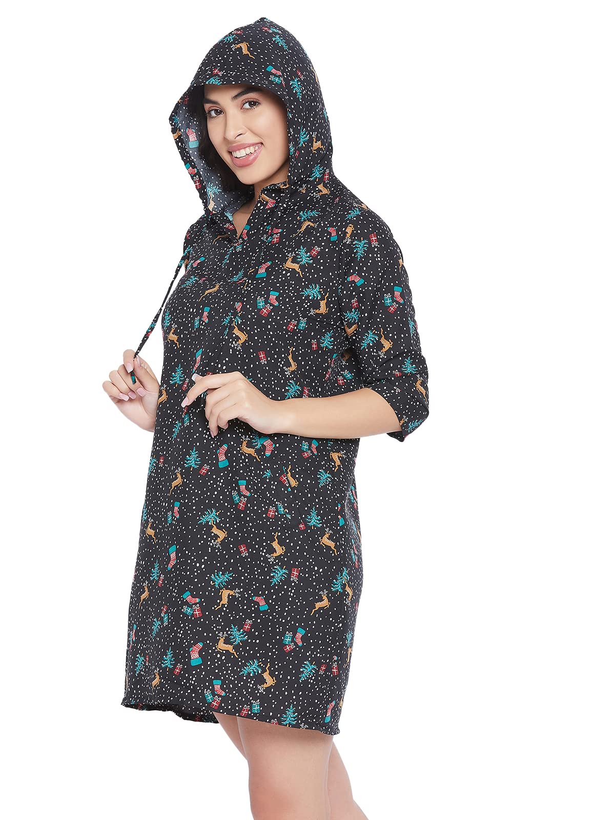 Clovia Women'S Rayon Christmas Print Short Hooded Dress (Ns1442P19_Multicolor)