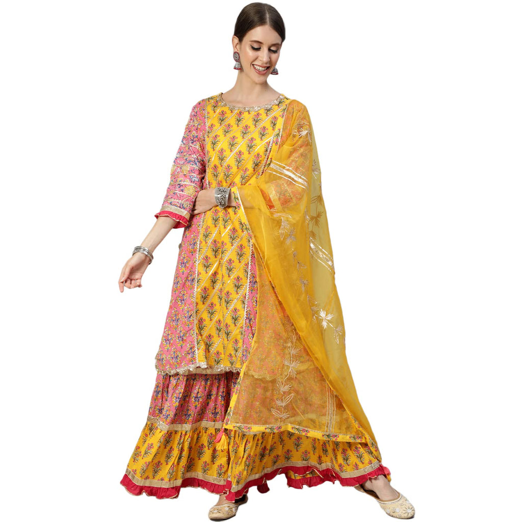 Ishin Women'S Pure Cotton Straight Embroidered Gotta Patti Floral Print Mustard Kurta Suit Set With Sharara Dhkpldsams-18049_M_M