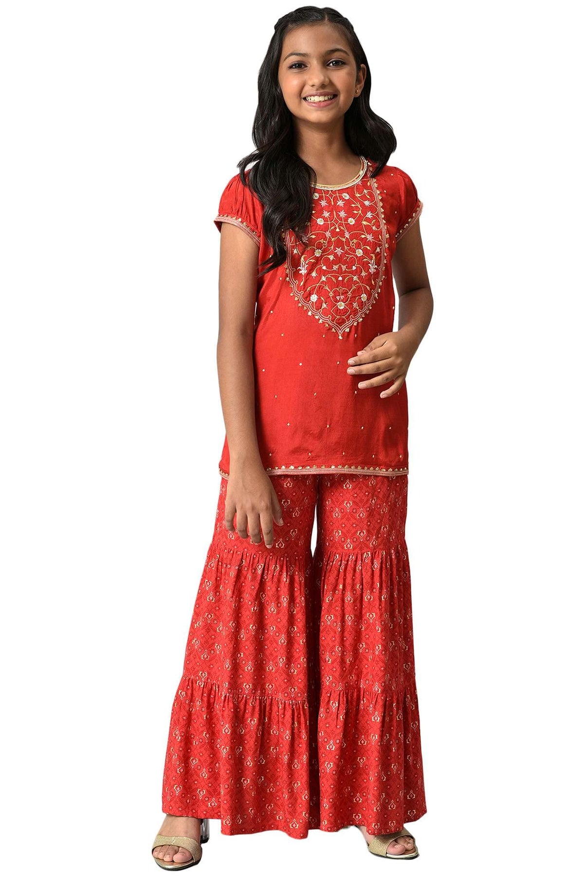 Aurelia Girls Viscose Top-Sharara (22AUG10156B-603198_Red