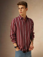 Dennis Lingo Men Maroon Stripes Cotton Regular Fit Full Sleeves Spread Collar Casual Shirt