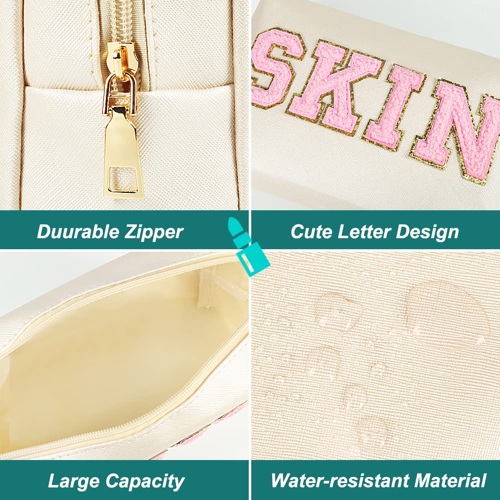 JOINDO Skin Makeup Bag, Skin Care Cosmetic Toiletry Bag, Preppy Makeup bag,Portable Makeup Zipper Pouch Storage Purse, PU Leathe