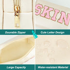 JOINDO Skin Makeup Bag, Skin Care Cosmetic Toiletry Bag, Preppy Makeup bag,Portable Makeup Zipper Pouch Storage Purse, PU Leathe