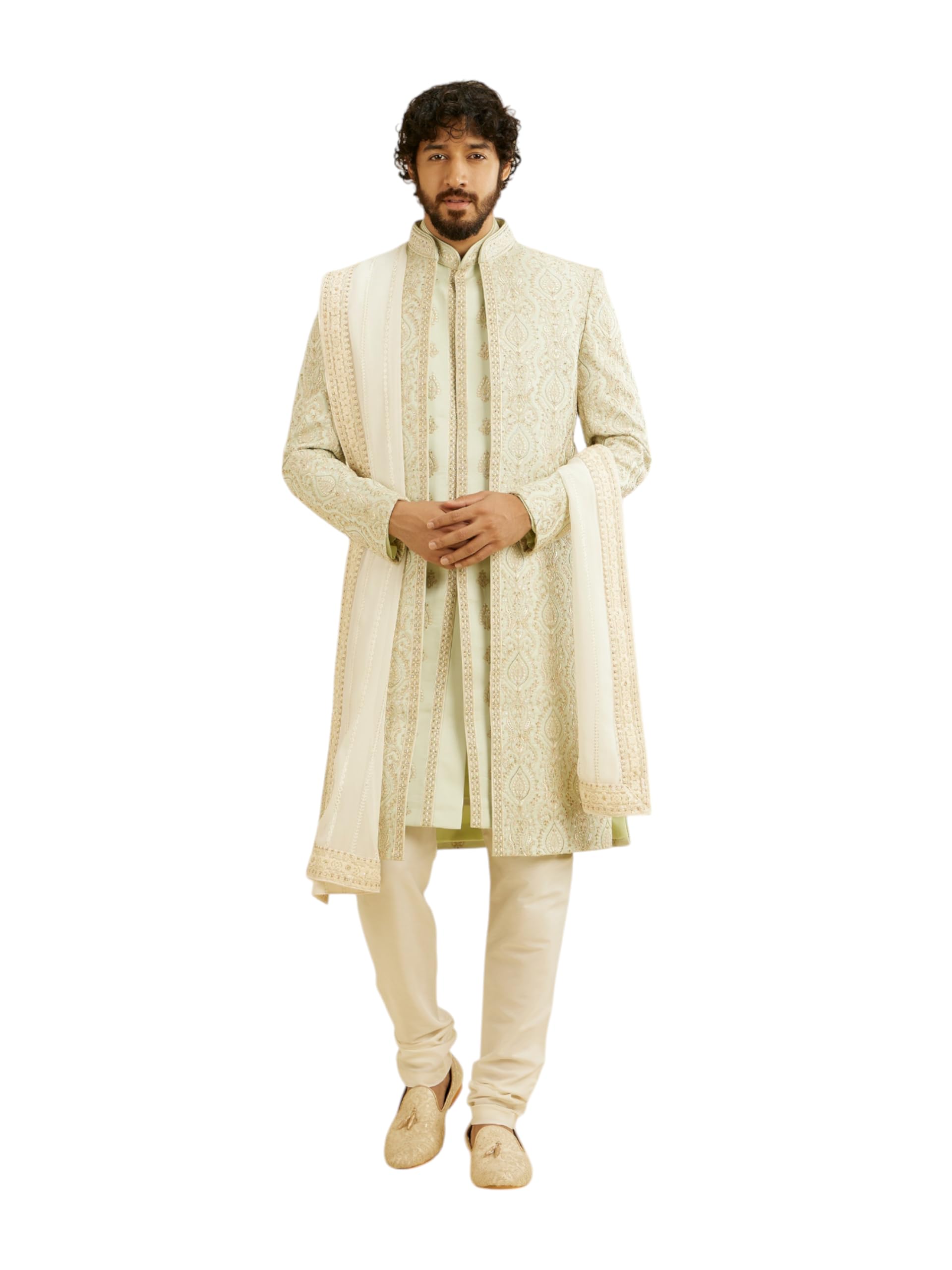 Manyavar MenS Georgette Chikankari Work & Sequins Dupatta (Cream)