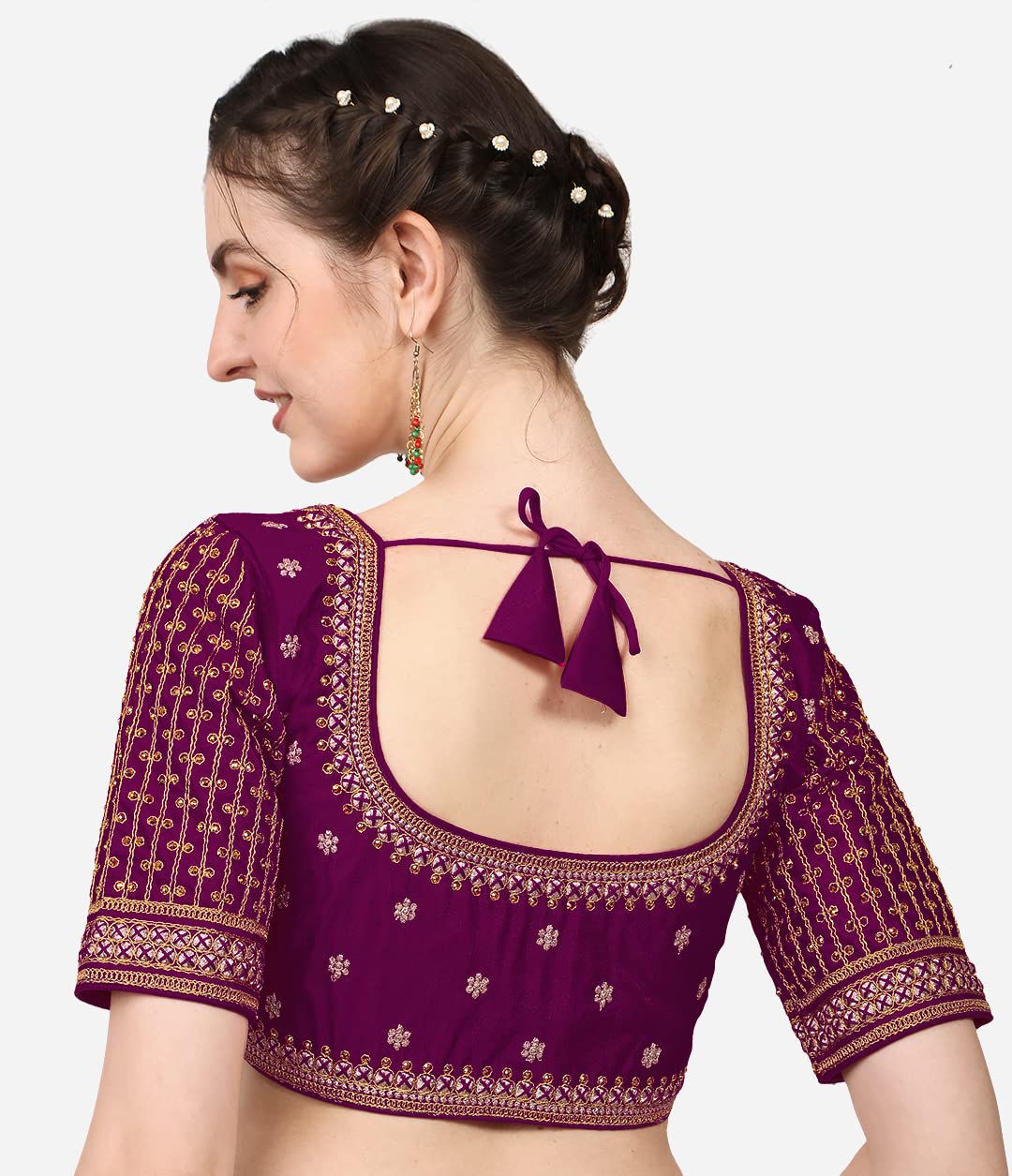 Pujia Mills WomenS Cobra Silk Embroidery Coding Stone Work Half Sleeve Saree Blouse