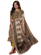 ANNI DESIGNER Ladies Cotton Blend Straight Print Cropped Trousers and Dupatta Kurta, Mustard, L