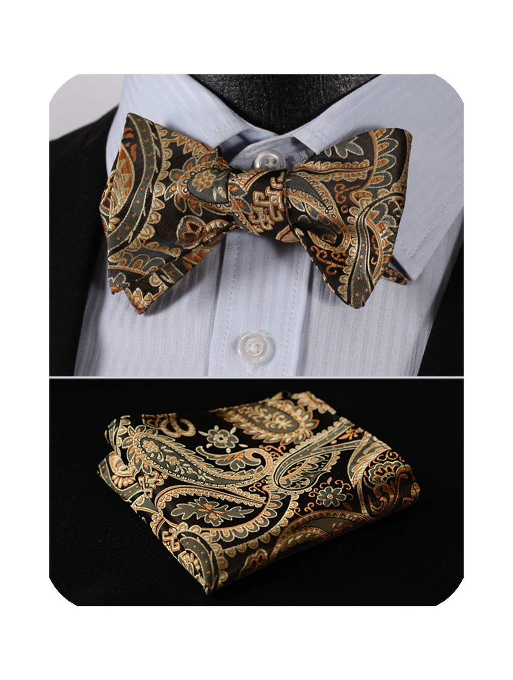 HISDERN Gold Bow Ties for Men Self Tie Paisley Mens Bow Tie and Pocket Square Set Classic Business Formal Tuxedo Men's Bowtie Ha