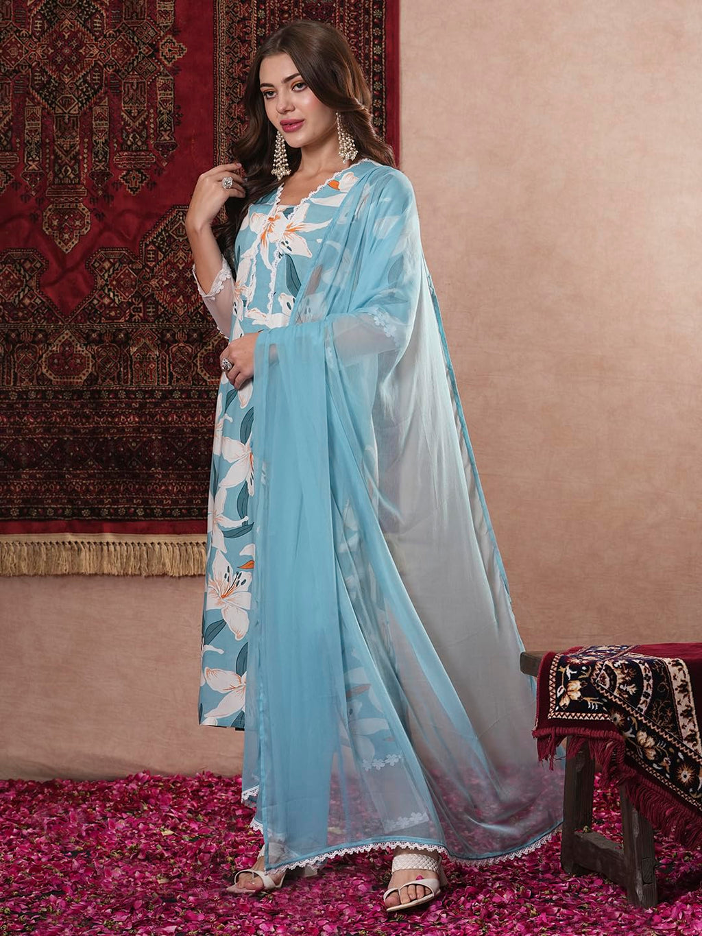 ANNI DESIGNER Ladies Cotton Blend Straight Print Cropped Trousers and Dupatta Kurta, Blue sky, XL
