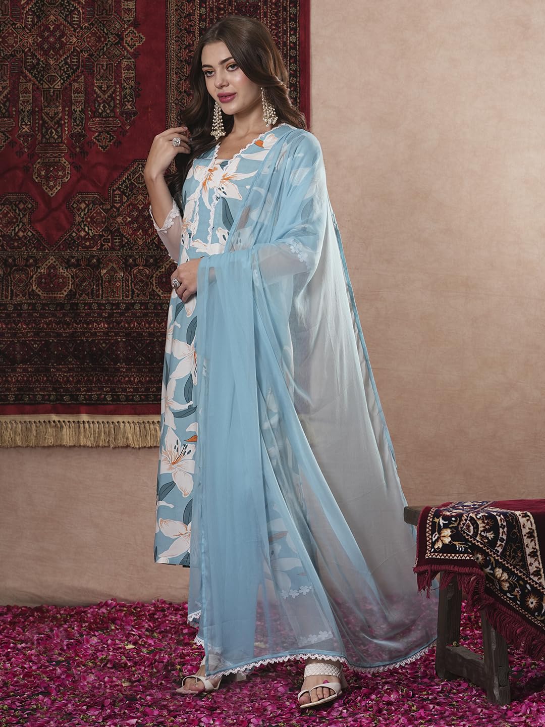 ANNI DESIGNER Ladies Cotton Blend Straight Print Cropped Trousers and Dupatta Kurta, Blue sky, XL