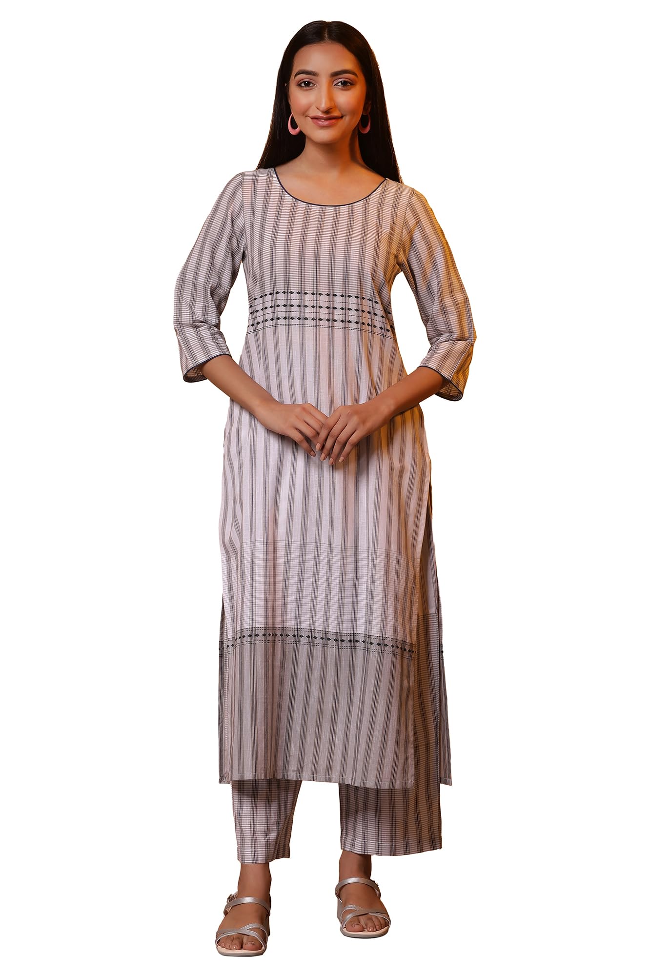 Aurelia Women Cotton Striped Kurta Set (24Feas14834_Grey, Large