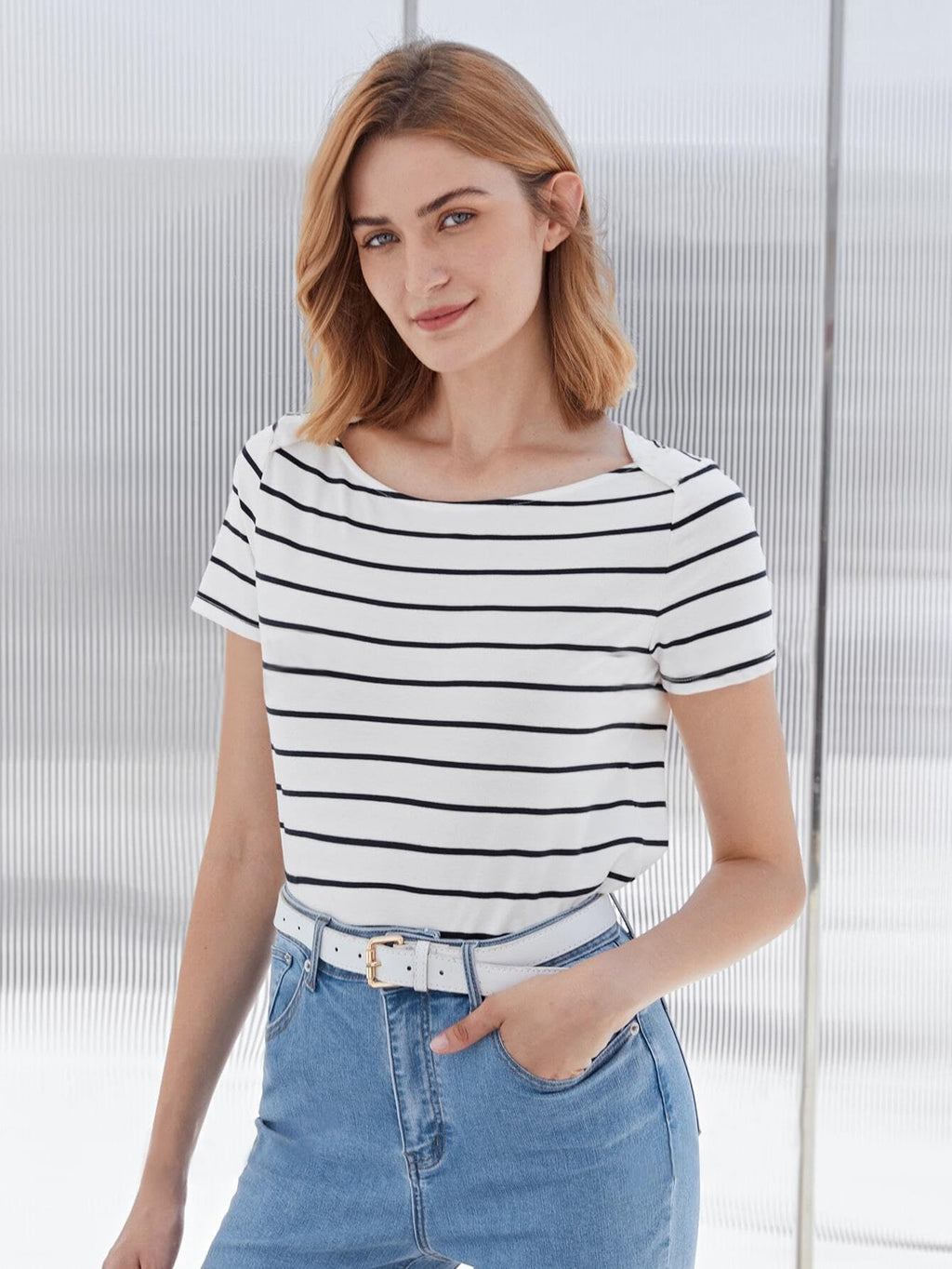 Toochki Womens Cap Sleeves Top with Striped Printed Regular Fit and Boat Neck Regular Length