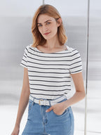 Toochki Womens Cap Sleeves Top with Striped Printed Regular Fit and Boat Neck Regular Length