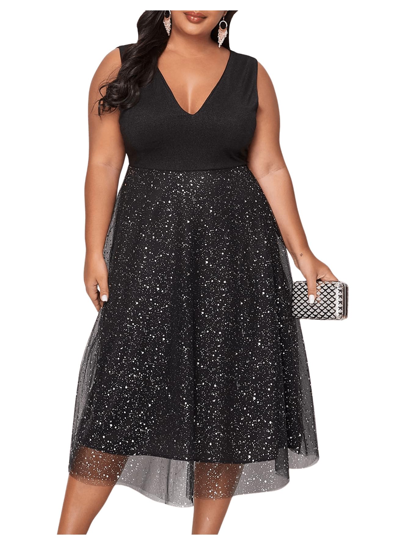 Floerns Womens Plus Size V Neck Sleeveless Sequin Cocktail Party Midi Dress Black 1XL-New Condition