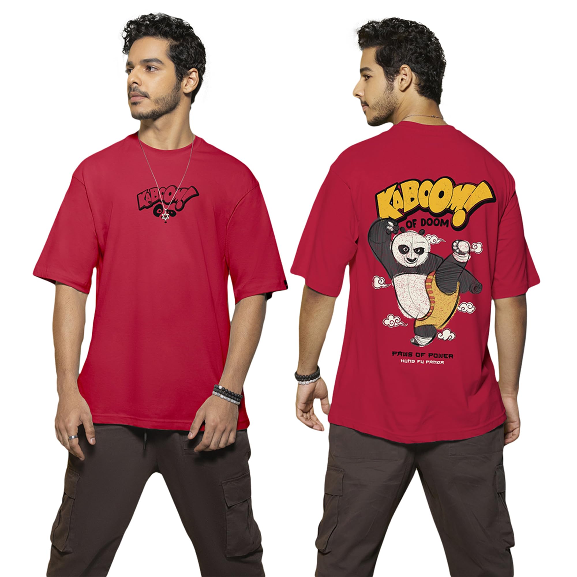 Bewakoof Official Kung Fu Panda Merchandise MenS Graphic Printed Oversized Fit T-Shirt_584919_Red_S