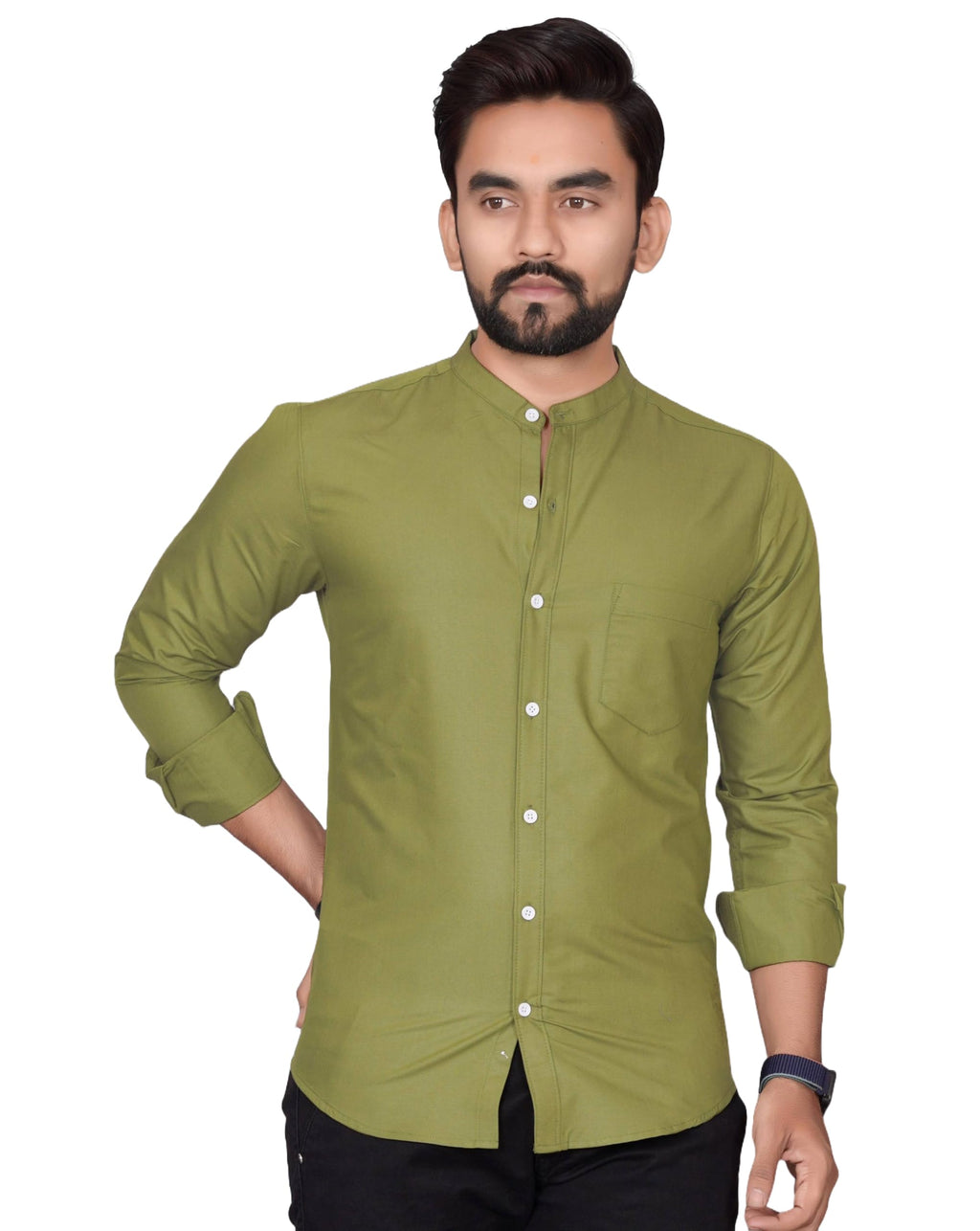 Besix MenS Regular Fit Solid Cotton Shirt | Chinese Collar | Casual | Plain | Branded | Mandarin Collar | Full Sleeve | Summer 