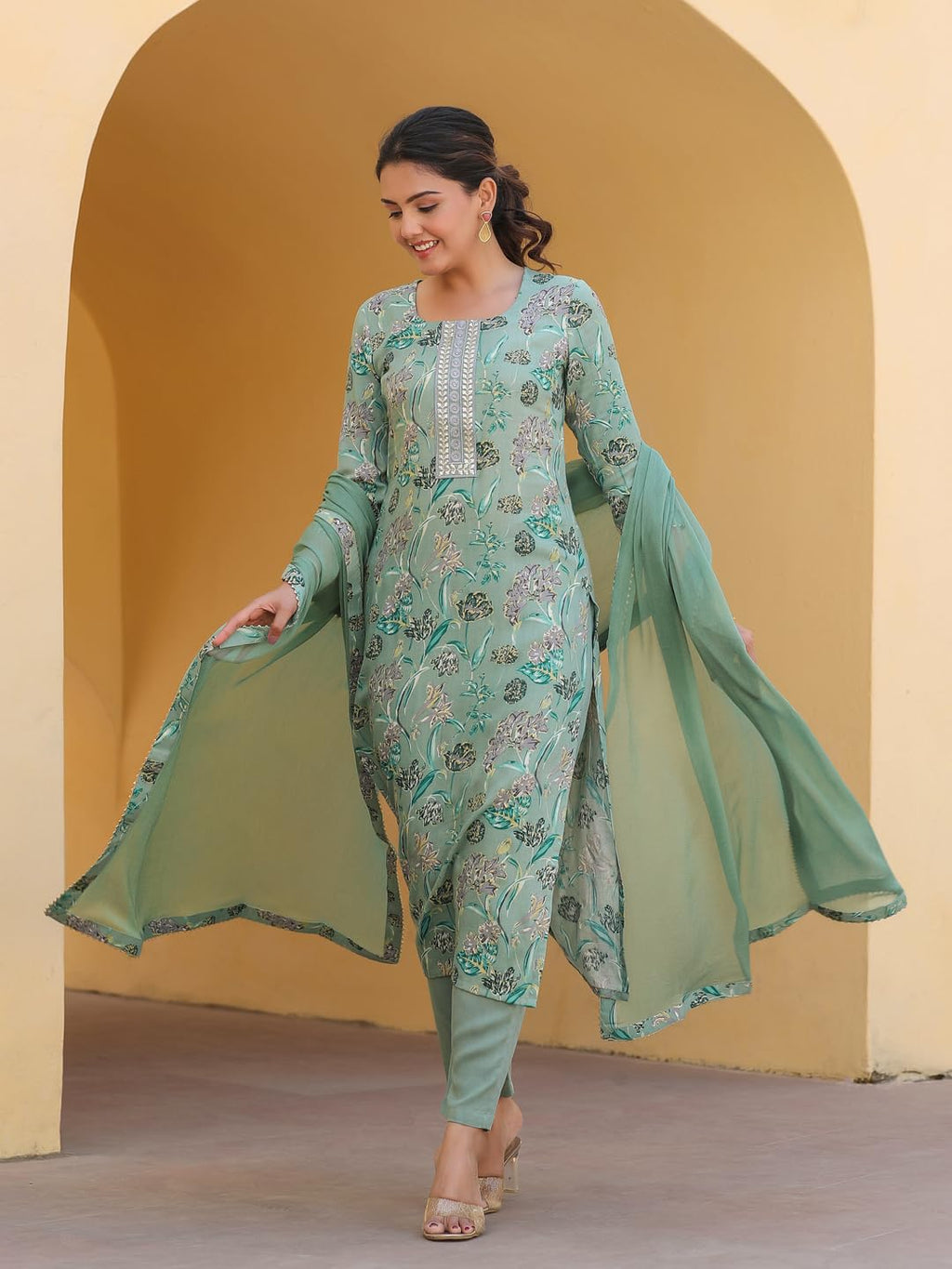 ANNI DESIGNER Women s Rayon Blend Kurta with Trousers and Dupatta, Green, L