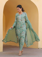 ANNI DESIGNER Women s Rayon Blend Kurta with Trousers and Dupatta, Green, L