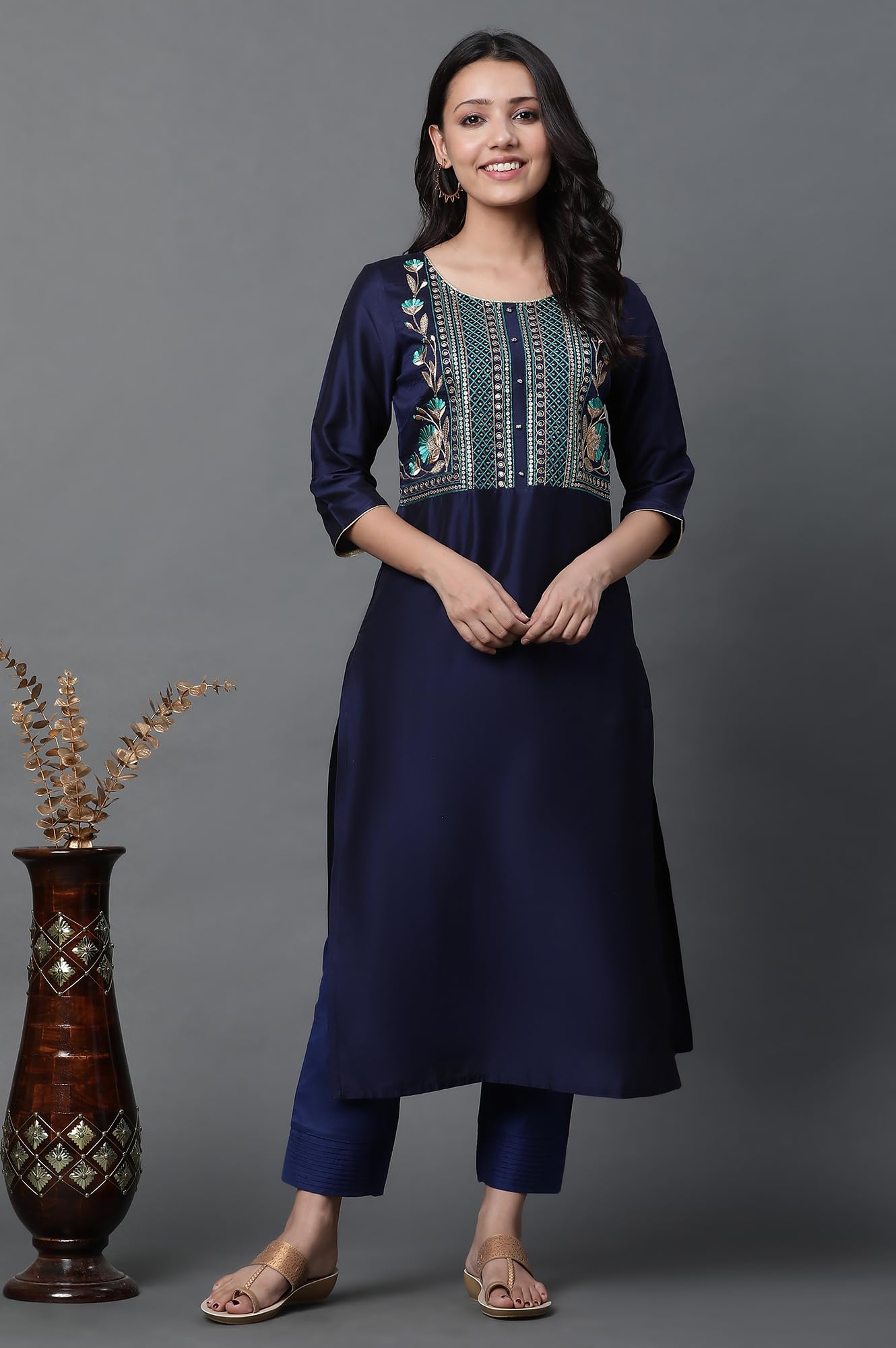 Aurelia Blue Embroidered Blend Straight Long Kurta