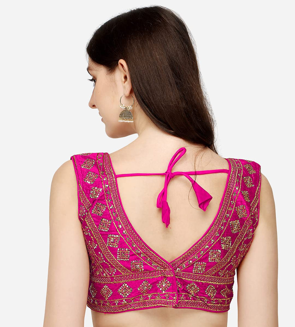 Vihu Fashion WomenS Silk Embroidery Sequins Zari Work Readymade Saree Blouse