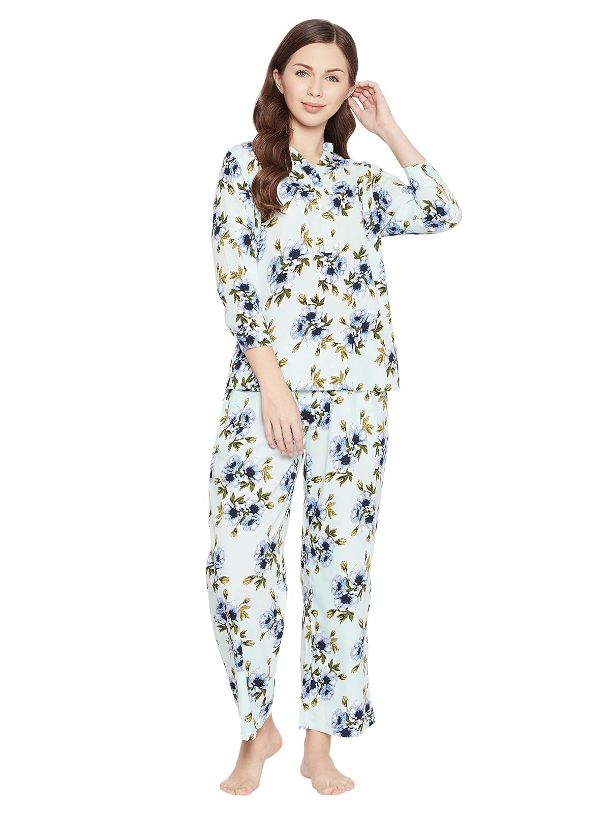 Clovia Womens Crepe Button Down Shirt & Pyjama Set (LS0536P11_Green_S)