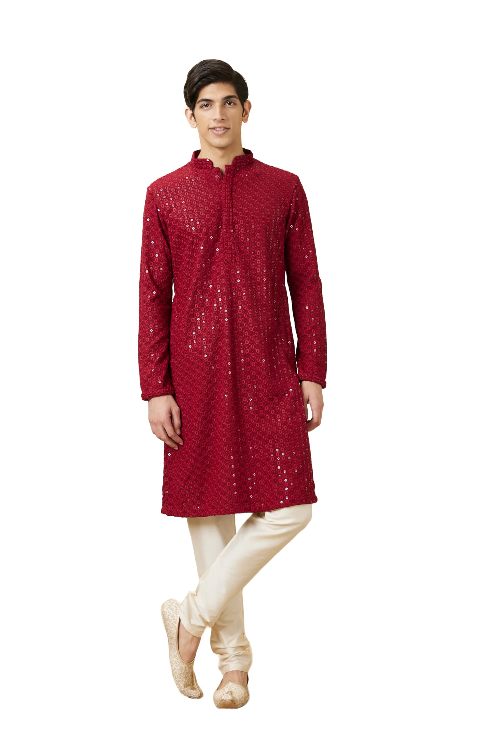 Manyavar MenS Viscose Embroidered Full Sleeves Knee Length Kurta Set (Maroon, L)