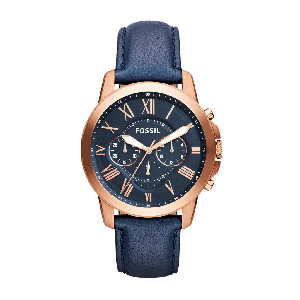 Fossil Men's Grant Quartz Stainless Steel and Leather Chronograph Watch, Color: Rose Gold, Navy (Model: FS4835)