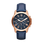 Fossil Men's Grant Quartz Stainless Steel and Leather Chronograph Watch, Color: Rose Gold, Navy (Model: FS4835)